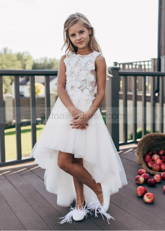 High Low Ivory Lace Tulle Floral Flower Girl Dress